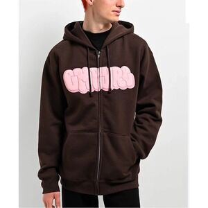 Empyre Brown Graphic Zip Hoodie Pink Logo Y2K Skate Streetwear Size L
